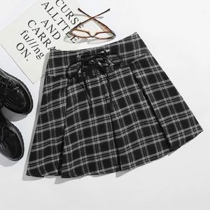 Lace Up Front Plaid Pleated Skirt
